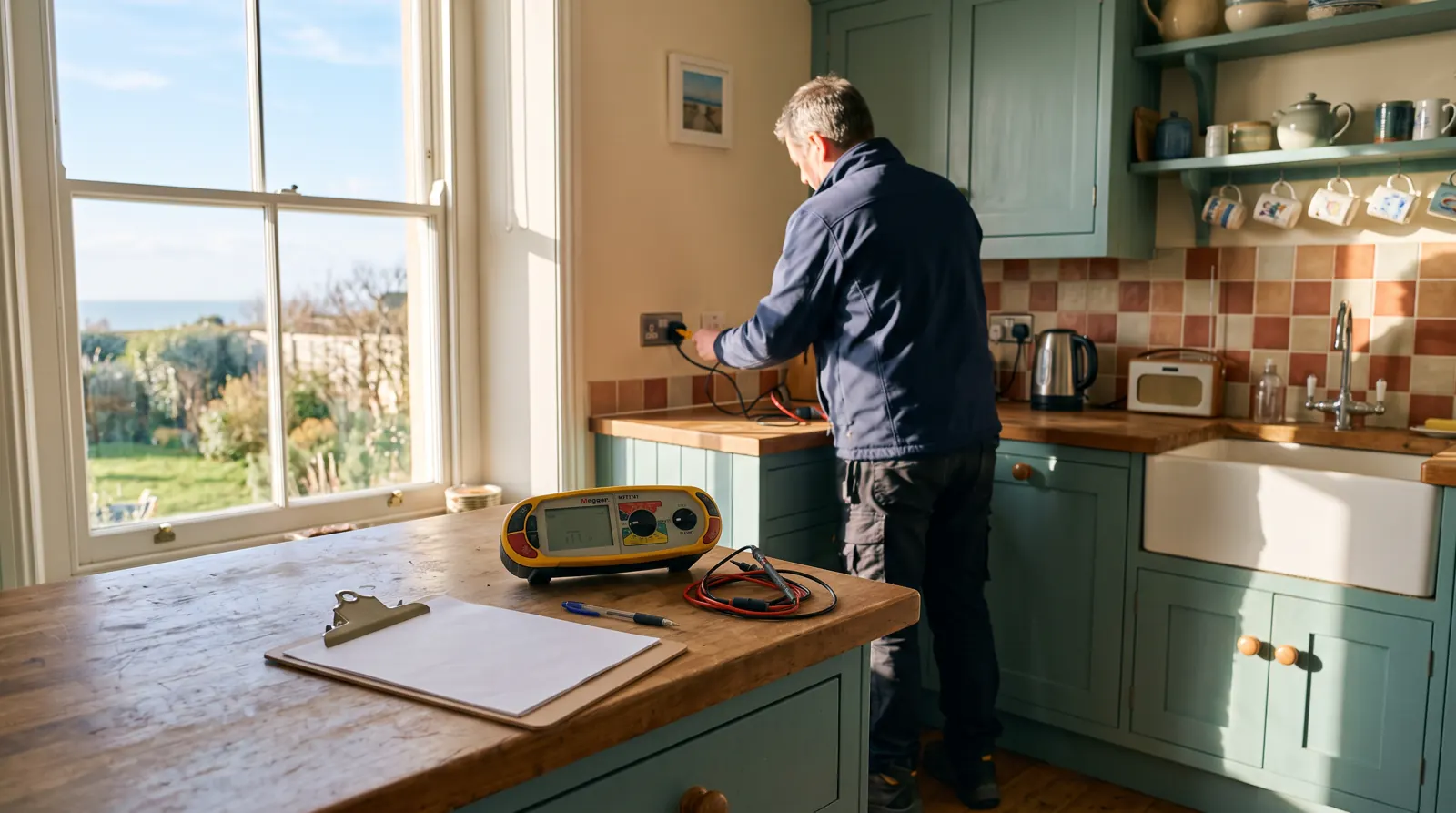 Electrician carrying out inspection and testing in a kitchen